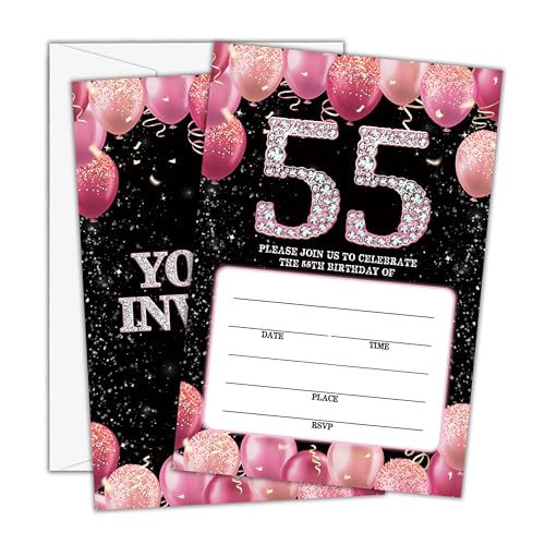 Birthday Invitations - 55th Bday Invites with Envelopes(25-Count) - Pink Balloon Glitter Fill-in Invite Cards for Party Supplies Favors Decorations - G03 - style: Pink Balloon 55th