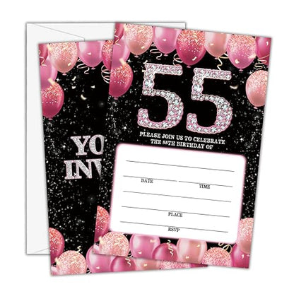 Birthday Invitations - 55th Bday Invites with Envelopes(25-Count) - Pink Balloon Glitter Fill-in Invite Cards for Party Supplies Favors Decorations - G03 - style: Pink Balloon 55th