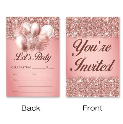 Birthday Invitations for Women Girl Rose Gold 20 Cards with Envelopes | Birthday Party Invitation Cards for Girl Rose Gold Glitter 20 Fill-in Invites with Envelopes - color: BS