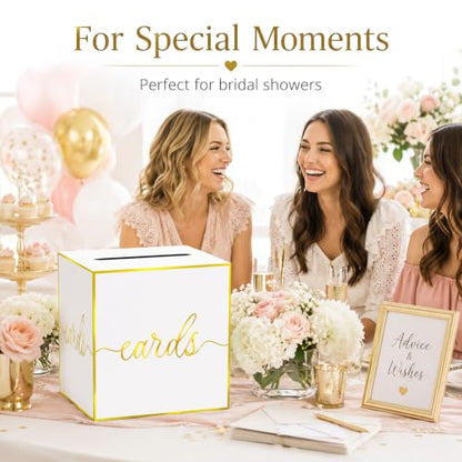 White and Gold Foil Card Box for Wedding, Bridal Shower and Anniversary | Collect Cards and Envelopes in One Place with an 8.7 Inch Cube, Wide Top Slot and Elegant White Gold Foil Design - color: White Gold