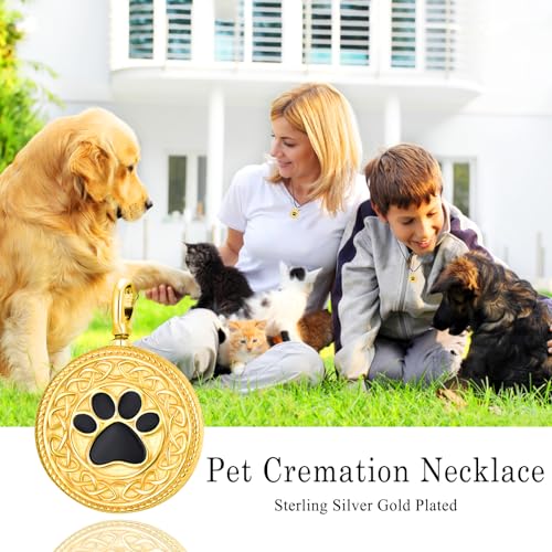 Dreamboat Pet Urn Necklace for Dog Cat Ashes 925 Sterling Silver Paw Print Cremation Keepsake Pendant Celtic Knot Memorial Jewelry Gifts for Women Men - style: 01D-Round (Gold Personalized)