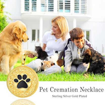 Dreamboat Pet Urn Necklace for Dog Cat Ashes 925 Sterling Silver Paw Print Cremation Keepsake Pendant Celtic Knot Memorial Jewelry Gifts for Women Men - style: 01D-Round (Gold Personalized)