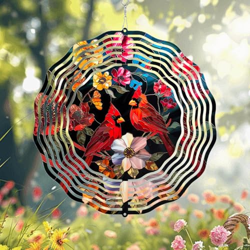Cardinal Wind Spinner, Red Bird Wind Chimes for Garden Yard Decor, Outdoor Metal 3D Stainless Steel Hanging Wind Spinner 10 inch - color: Cardinal