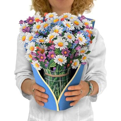 Freshcut Paper Pop Up Cards, Field of Daisies, 12 Inch Life Sized Forever Flower Bouquet 3D Popup Greeting Card, Birthday Cards, Get Well Gifts, Blank Notecard & Envelope - color: Field of Daisies New, size: Classic