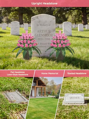Mirevielyn 2-Pack 24-Stem Artificial Rose Cemetery Flowers with Vases - color: Pink (Soft Tone)
