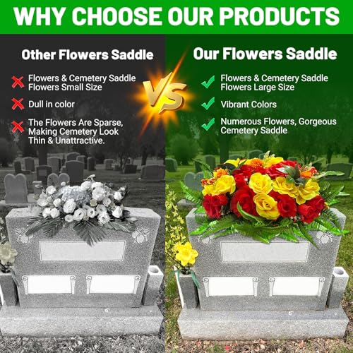Headstone Flower Saddle,Large Artificial Cemetery Flowers for Grave-Realistic Red & Yellow Rose Mix Arrangement,Outdoor Memorial Decorations,Durable & Easy Fit
