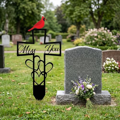 Miss You Cross with Cardinal, Metal Cemetery Memorial Plaque for Remembrance, Decorative Cemetery Stake with Heart and Cross Design, 6x12 Inch Outdoor Memorial Plaque for Graves and Gardens