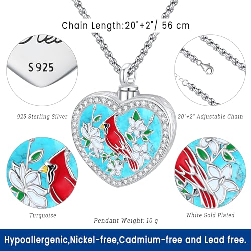 Eusense Cremation Jewelry for Ashes Urn Necklace to Put Ashes In 925 Sterling Silver Memorial Pendant Heart Urn Necklaces for Ashes Necklace for Women Men - style: G-Red Cardinal Urn Necklace-Turquoise