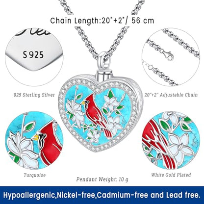 Eusense Cremation Jewelry for Ashes Urn Necklace to Put Ashes In 925 Sterling Silver Memorial Pendant Heart Urn Necklaces for Ashes Necklace for Women Men - style: G-Red Cardinal Urn Necklace-Turquoise