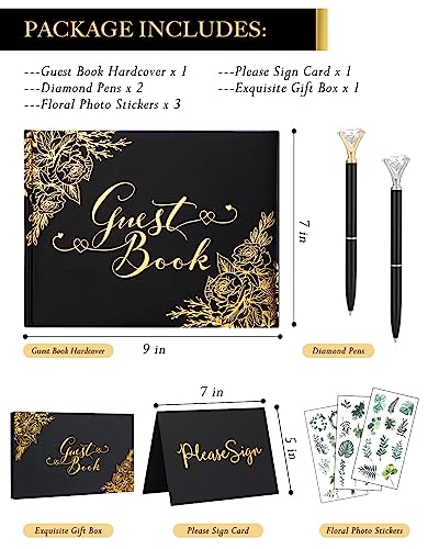 Black Wedding Guest Book, Guest Book Wedding Reception with Pens, 9x7'' | Personalized Wedding Guestbook Photo Album Sign in Book, Gold Foil Hardcover & Gilded Edges, For Weddings Baby Shower Party - color: Black
