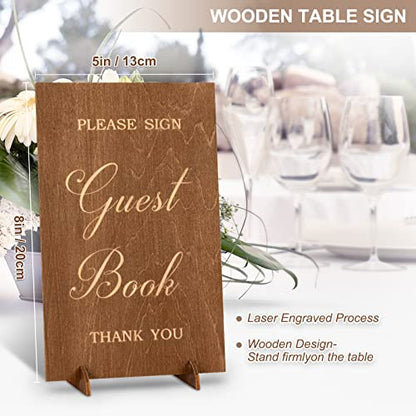 Creawoo Wooden Wedding Guest Book Reception Sign in Photo Album with Table Sign, Pen & Holder, Hardcover Memory Registry Guestbook with 90 White Pages for Baby Shower, Birthday, Bridal Shower, Wedding - size: 8.5"