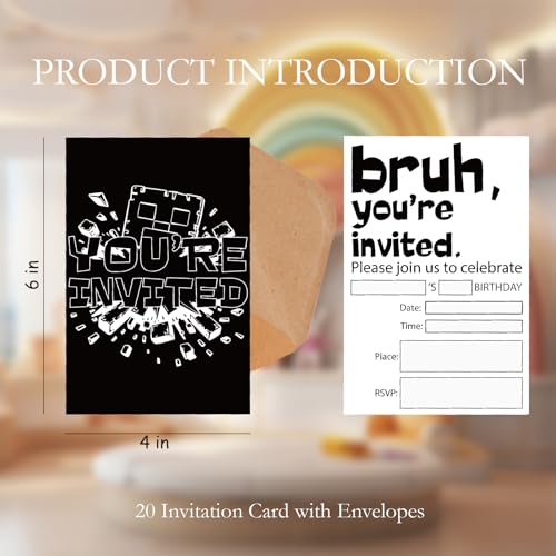 Pixel Birthday Party Invitations for Boys Video Game Cards 20 Envelopes - color: Black & White Mining