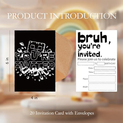 Pixel Birthday Party Invitations for Boys Video Game Cards 20 Envelopes - color: Black & White Mining