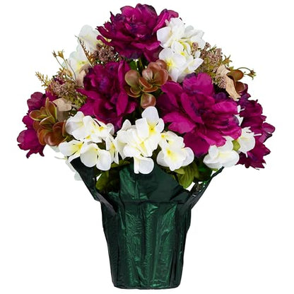 Fall Artificial Flowers - Grave Decoration - Home Décor - Pot Flowers - Plum Peony and White Hydrangea Flowers in Pot - size: Pot