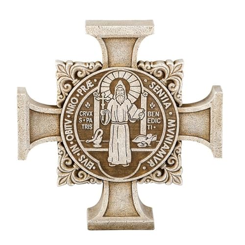 Christian Brands Avalon Gallery Saint Benedict Stepping Stone Cross, Stone Resin Garden Décor, 11" Square