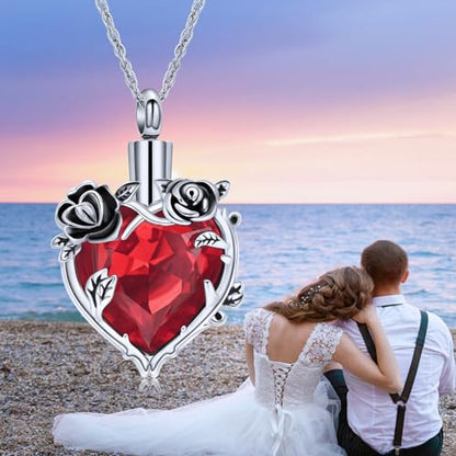 shajwo Cremation Jewelry Rose Flower Heart Urn Necklaces for Ashes for Women Memorial Human Ashes Pendant - color: Red