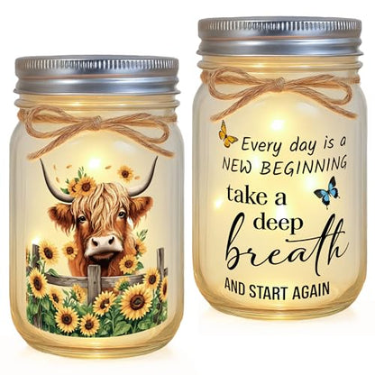 Highland Cow Inspirational Gifts for Women - Double-Sided Decorative Mason Jar Light, New Beginning Self Care Motivational Sunflower Decor Gift for Friends Daughter Sister Coworker - style: Highland Cow Gifts