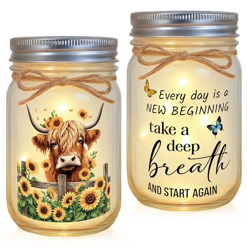 Highland Cow Inspirational Gifts for Women - Double-Sided Decorative Mason Jar Light, New Beginning Self Care Motivational Sunflower Decor Gift for Friends Daughter Sister Coworker - style: Highland Cow Gifts