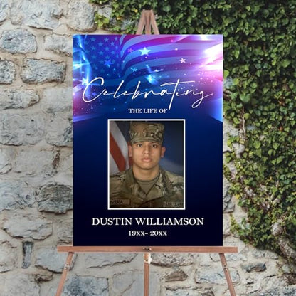 Personalized Veteran Memorial Poster, In Loving Memory Welcome Sign, Celebration Of Life Veteran, American Flag Funeral Welcome Sign, Military Funeral Poster Photo Sign #9 - color: Design 09