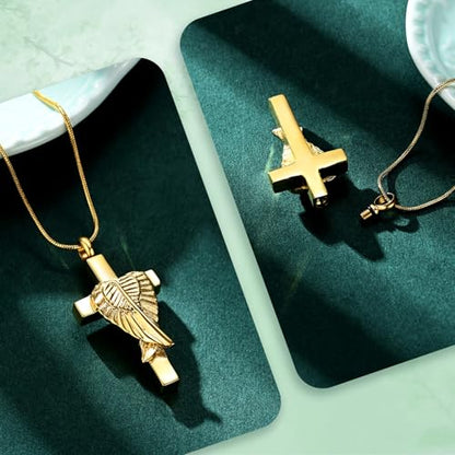 Cross Cremation Jewelry Urn Necklaces Cross Angel Wings Urn Necklaces for Ashes Memorial Keepsake Pendant for Women Men Gifts With Funnel Kit & Bag - color: Gold