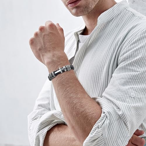 Oinsi Mens Double-Band Black Braided Leather Bangle Bracelets Cremation Jewelry for Ashes Wristband Memorial Urn Bangle with Cross Charm - color: A-Silver-24cm