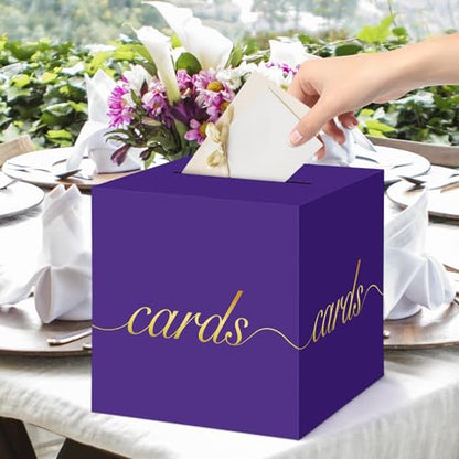 Purple Card Box Gold Foil Wedding Favors Gift Card Boxes Post Box Receiving Money Box Holder for Wedding Reception, Baby Showers, Anniversary, Birthday Party, Retirement, Graduation Envelope Holder - color: Purple and Gold