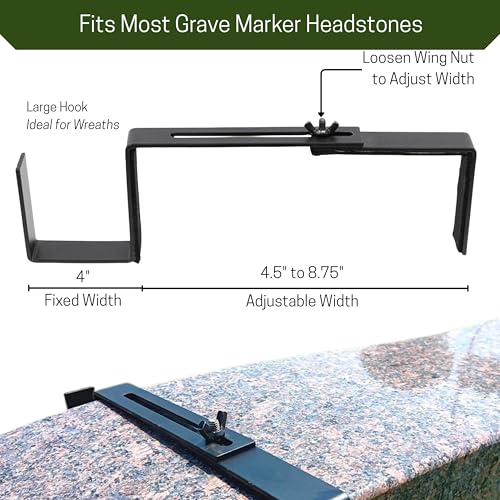 Carson Adjustable Headstone Wreath Holder – Black Metal Grave Hanger with Protective Padding – Secure Cemetery Saddle for Memorial Wreath Display 4.5 to 8.75 Inch Fit