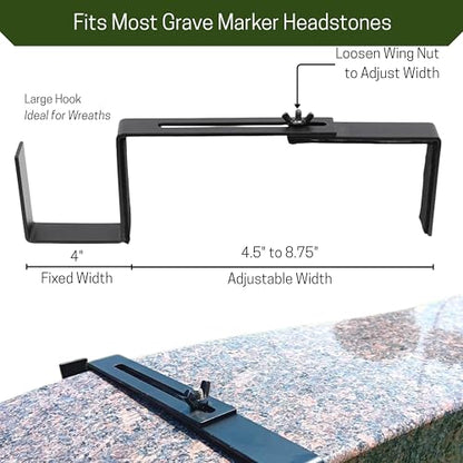 Carson Adjustable Headstone Wreath Holder – Black Metal Grave Hanger with Protective Padding – Secure Cemetery Saddle for Memorial Wreath Display 4.5 to 8.75 Inch Fit