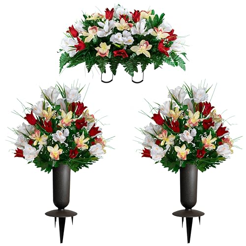 Artificial Cemetery Flowers - Grave Decoration - Red Tulips and White Iris (1) Headstone Saddle (2) Bouquets (2) Vases - color: Red/White, size: (1) Saddle (2) Bouquets (2) Vases