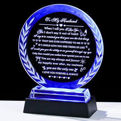 YWHL Gifts for Husband from Wife with Colorful LED Base Anniversary Birthday Husband Gifts Ideas to My Husband Crystal keepsake Best I Love You Gift for Him on Valentine's Day Fathers Day Christmas - style: Husband Gifts+ LED Base Style 3