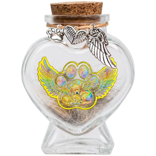 Pet Memorial Gifts for Dogs or Cats, Pet Fur Keepsake | Heart-shaped glass urn with cork stopper, metal charm & name tag, for pet fur/hair/whiskers/ashes, rainbow bridge memorial - color: Pet Paw Prints