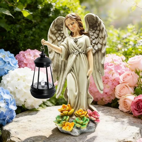 Solar Garden Statue Angel Figurine,11.8in Fairy Angel Solar Lights Outdoor | 7 LED Lights, Solar Outdoor Sculptures for Outside Balcony Patio Yard Ornament, Gifts for Women Mom, Cemetery Grave Decor - style: 1 Pack - Angel with Lantern