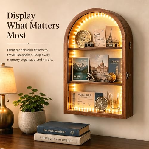 Lighted Shadow Box Frame 10x16, 4-Inch Deep with Removable Shelves | Built-In LED Light Clear Acrylic Door Warm Walnut Finish Memory Box for Medals, Wedding Bouquet, Keepsakes & Pet - color: Walnut With Light