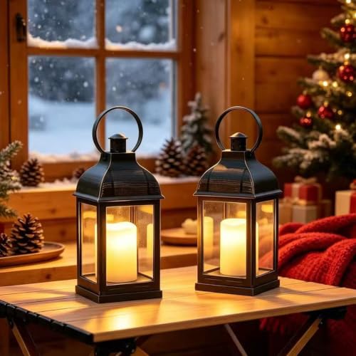 WRalwaysLX 2pack Decorative Lantern with flameless LED Candle Light, ON/Off/Timer Candle with 6Hours, Outdoor/Indoor LED Lantern, Use AAA Battery(not Include) Bronze Plastic (4x9) - size: 2pack 4x9"