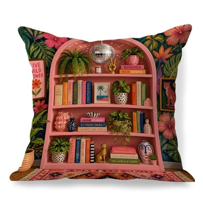 Maximalist Pink Bookish Book Tropical Pillow Cover 18x18 Double-Sided - color: Bookish