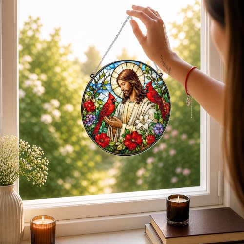 Jesus with Cardinals Memorial Suncatcher, 8" Christian Stained Glass Wavy Acrylic Window Hanging, Sympathy Gift for Loss of Loved One, Mom, Dad, Grandma, Family Members, Religious Gifts for Women - color: Jesus With Cardinals