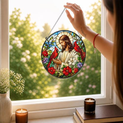 Jesus with Cardinals Memorial Suncatcher, 8" Christian Stained Glass Wavy Acrylic Window Hanging, Sympathy Gift for Loss of Loved One, Mom, Dad, Grandma, Family Members, Religious Gifts for Women - color: Jesus With Cardinals