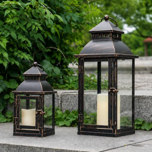 NEEDOMO Lanterns Decorative Outdoor&Indoor, Set of 2 Large Bronze Metal Lantern Decor with Glass, Candle Holder for Porch, Patio, Garden, Balcony, Wedding, Table Centerpiece Decorations - size: 17" & 11" / Glass