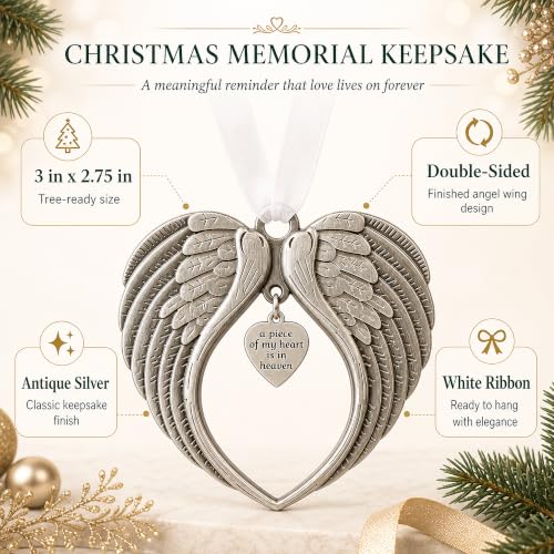 Christmas Ornaments Angel Wings - A Piece of My Heart is in Heaven | Christmas Ornaments, A Piece of My Heart is in Heaven, Christmas Tree, Loss of Loved One, Luxurious Silk Ribbon, Red Gift Bag - color: A Piece of My Heart
