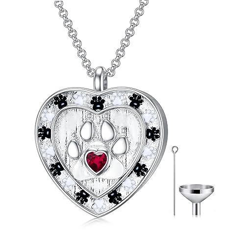 SOULMEET Memorial Pet Necklace for Ashes, Silver/White Gold Paw Print Urn Necklaces with Birthstone for Ashes Keepsake Cremation Jewelry for Pet Cats Dogs - style: G1-Locket Only-July