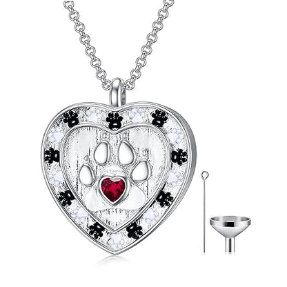 SOULMEET Memorial Pet Necklace for Ashes, Silver/White Gold Paw Print Urn Necklaces with Birthstone for Ashes Keepsake Cremation Jewelry for Pet Cats Dogs - style: G1-Locket Only-July