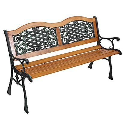VINGLI Classic Cast Iron & Teak Arched Back Rectangular Outdoor Bench, 3-Seater, 470 lbs Capacity, Easy Assembly, Weather Resistant, 49.5" W x 20.5" D x 29" H