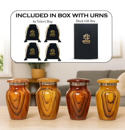 Wooden Print Mini urns for Human Ashes - Decorative Small Cremation Urn for Adult Male & Female - Keepsake Urns for Ashes for Cherished Memories with 4 Velvet Bags - (Set of 4)