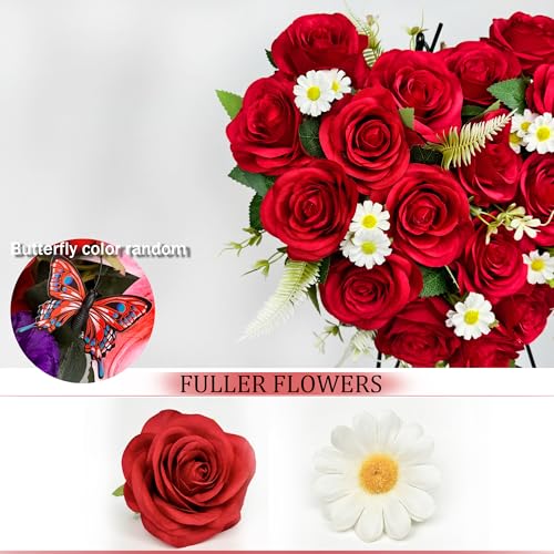 Artificial Cemetery Flowers, Grave Memorial Flowers with Ground Spike,Heart Shaped Wreaths Rose Daisy for Gravesites Decoration（Red）