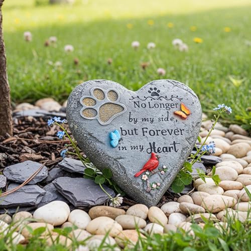 Pet Memorial Stone for Cats Dog Remembrance Gift with Paw Print | Pet Grave Markers Heart-Shaped Resin Dog Loss Sympathy Gift 6 inch with Cardinal and Butterfly