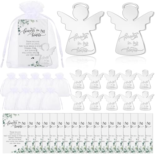 Ecation 50 Sets Funeral Favors for Guests Celebration of Life Decorations Memorial Gifts Guardian Angel Pocket Tokens Forever in Our Hearts Prayer Cards and Organza Bags Memorial Party Funeral Gifts