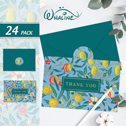 Whaline 24 Pack Lemon Floral Thank You Cards with Envelopes Stickers Blue Green Vintage Flower Greeting Cards Blank Note Card for Birthday Baby Shower Party Invitation Supplies, 4 x 6 Inch - style: Vintage Lemon