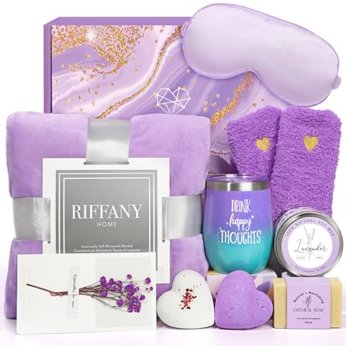 Gifts for Women, Unique Birthday Gifts for Women, Lavender Relaxing Spa Gifts Basket Get Well Soon Care Package with Luxury Flannel Blanket for Mom Her Best Friends Sister - color: Purple (Lavender Shade)