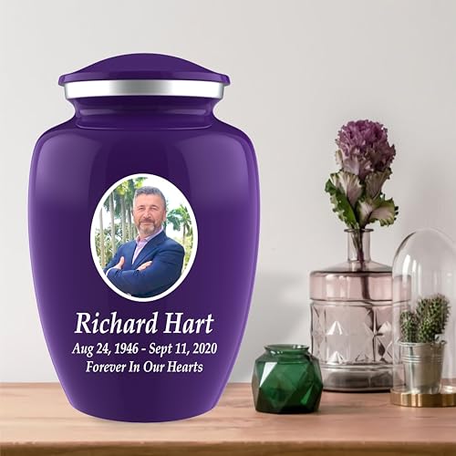 Personalized Photo Cremation Urns for Human Ashes Adult Male Female - 200lbs Custom Photo Burial Urns for Human Ashes - Engraved Handcrafted Funeral Decorative Urns for Adult with Velvet Bag, Purple