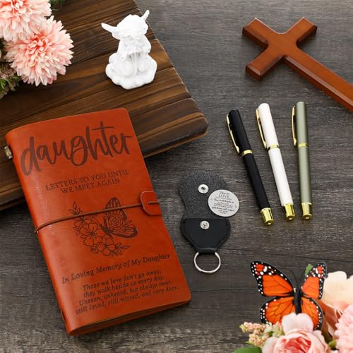 Fulmoon Memorial Gifts for Loss of Daughter, Letters to Daughter in Heaven Included 1 Grief Journal Travel Photo Diary Journal 1 Pocket Hug 1 PU Leather Keychain 3 Ballpoint Pens Bereavement Gifts - style: Daughter